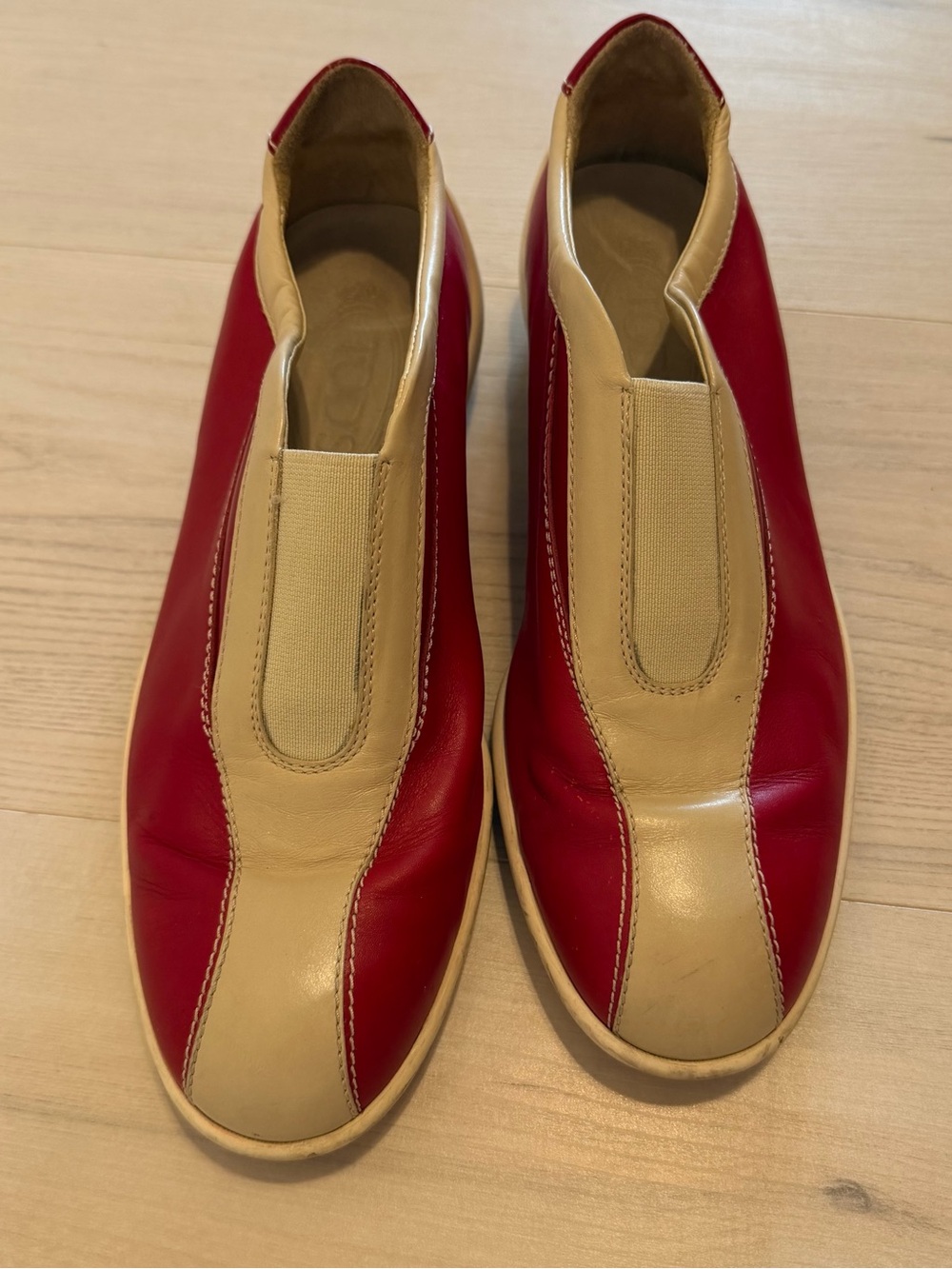 Tod's Red and Cream Leather Slip-On Loafers